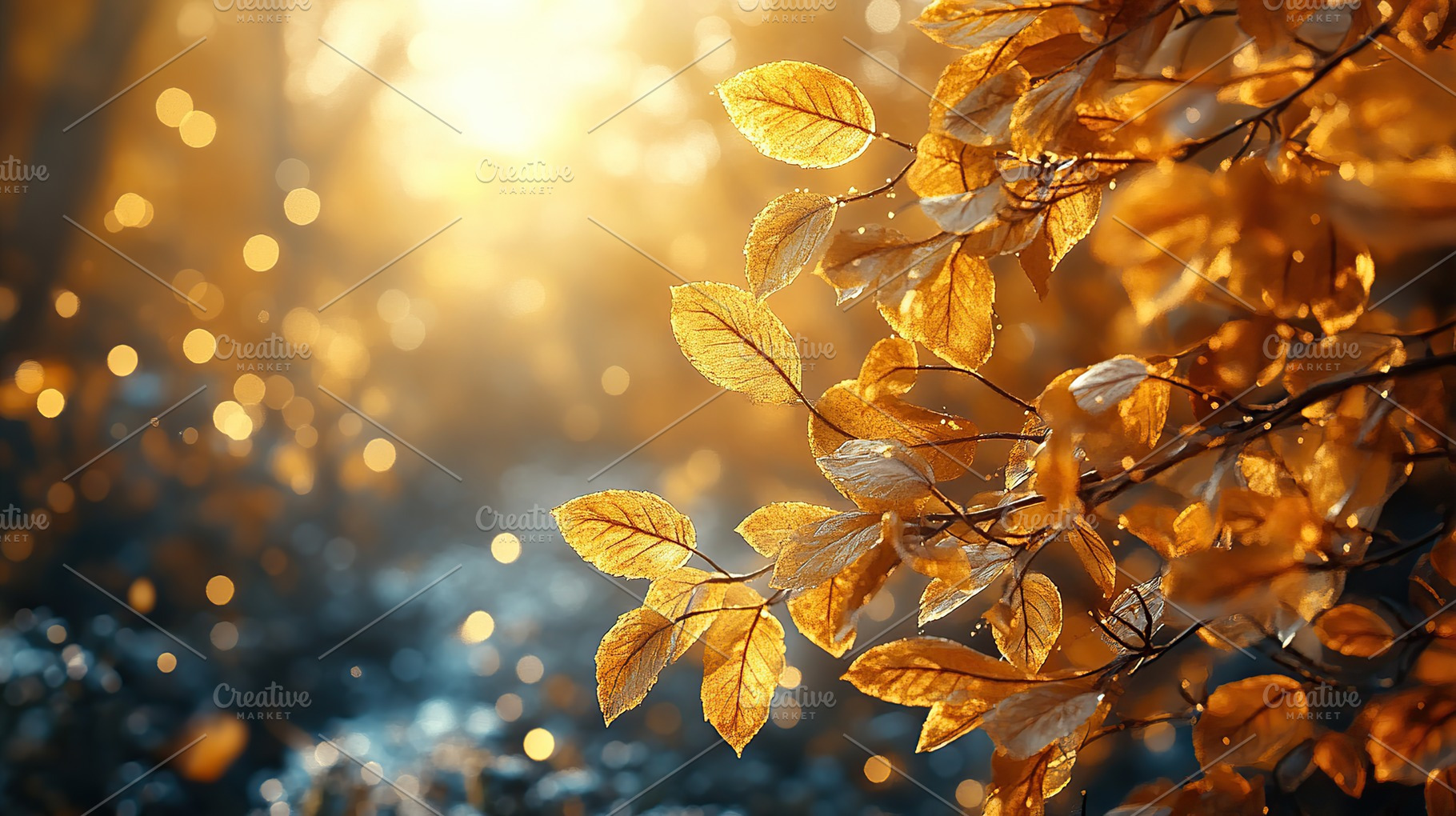 Orange leaves on tree branch in autumn city park with sunrays, a Nature Photo by AlyaAnd