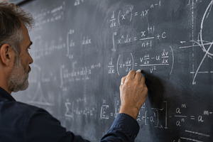 Math teacher writes on chalkboard, a Photo by Beautiful things