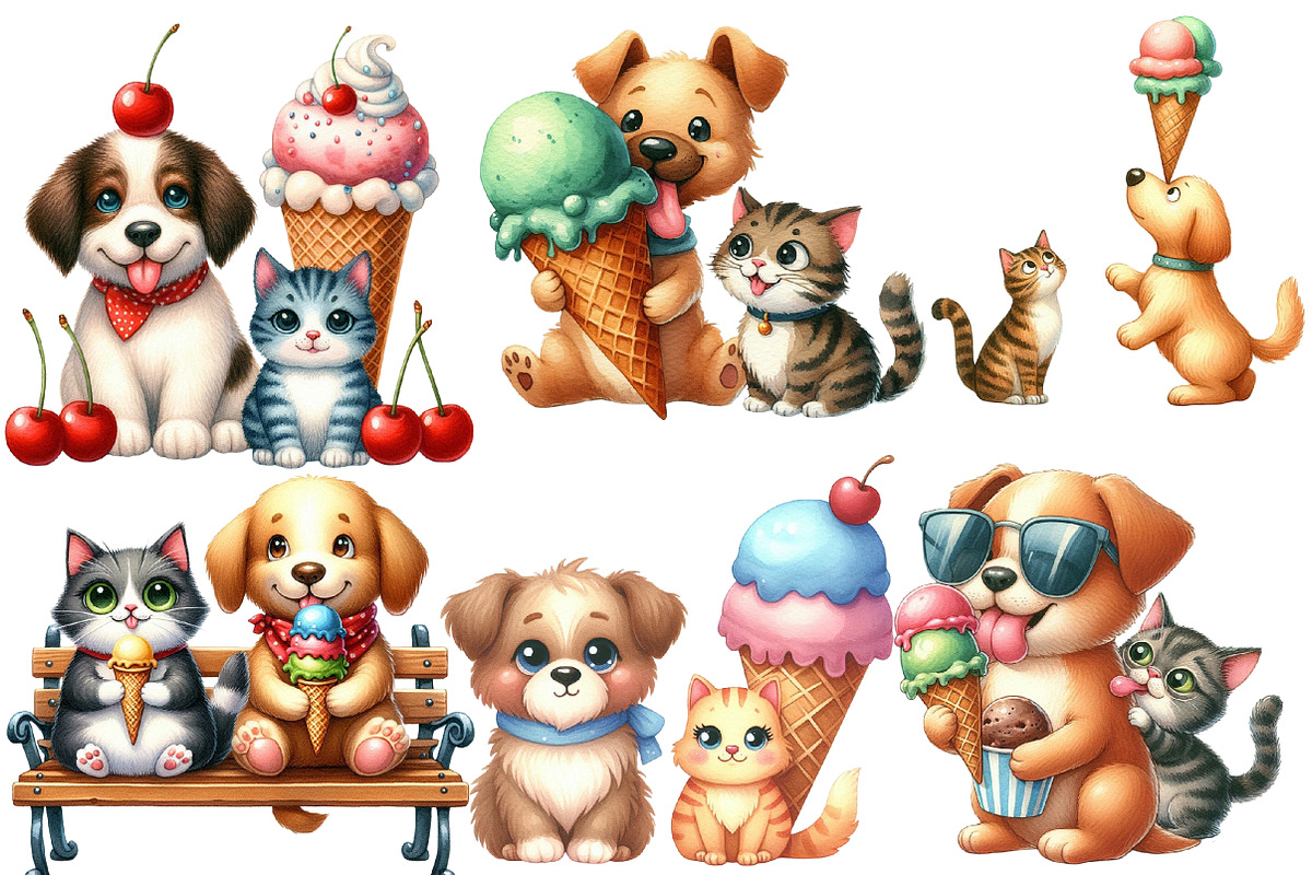 Funny Dog and Cat Love Ice Cream, an Animal Illustration by Designworld (Photo 3 of 5)