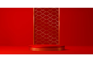 3d red podium with triple gold rings, an Illustration by Buch&Bee