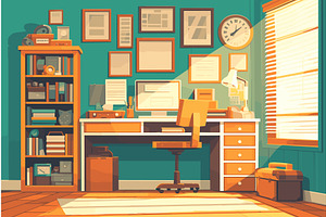 Cartoon vintage retro office with, an Object Illustration by LadadikArt