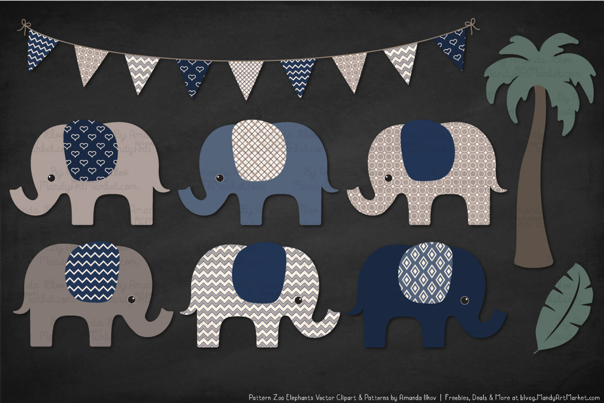 Elephants Clipart & Patterns in Navy, an Illustration by Amanda Ilkov (Photo 3 of 4)