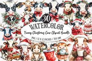 Funny Christmas Cow Clipart Bundle, an Illustration by Designking