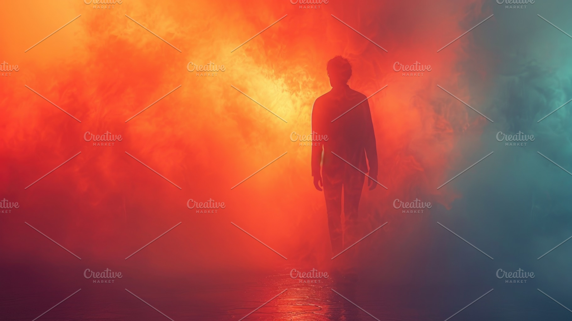 Solitary Human Silhouette Walking Through Red and Blue Smoke, a Background Photo by José Manuel Gelpi