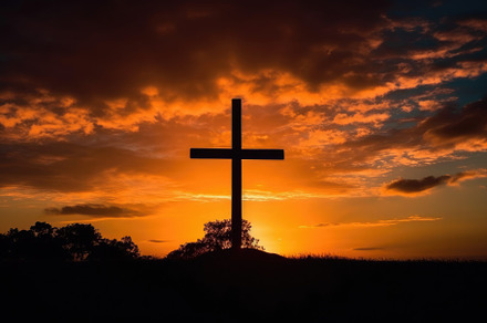 The cross with the sun behind, landscape. Generative AI, a Wallpaper Photo by designvectx