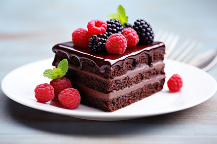 Piece of chocolate cake with fresh berries on wooden table, a Photo by AlyaAnd