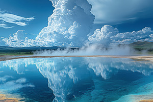 A stunning view of a geothermal hot spring with vibrant blue water reflecting f, a Nature Photo by Textures & Backgrounds