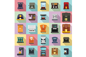 Coffee Machine Icons Set, Flat Style