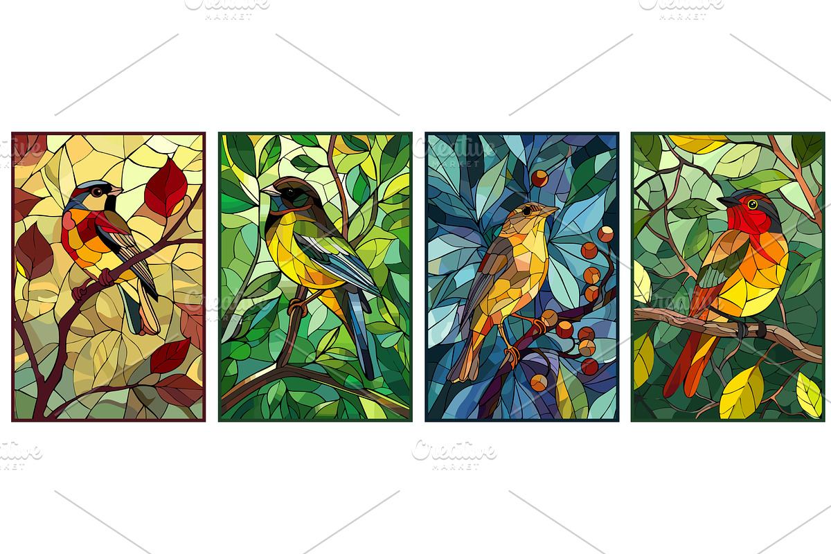 Songbird on the tree branch. Stained, an Animal Illustration by Valerie Bodnar