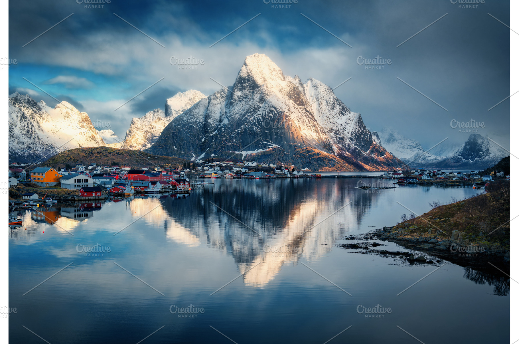 Snowy mountains reflect in fjord, a Nature Photo by den-belitsky