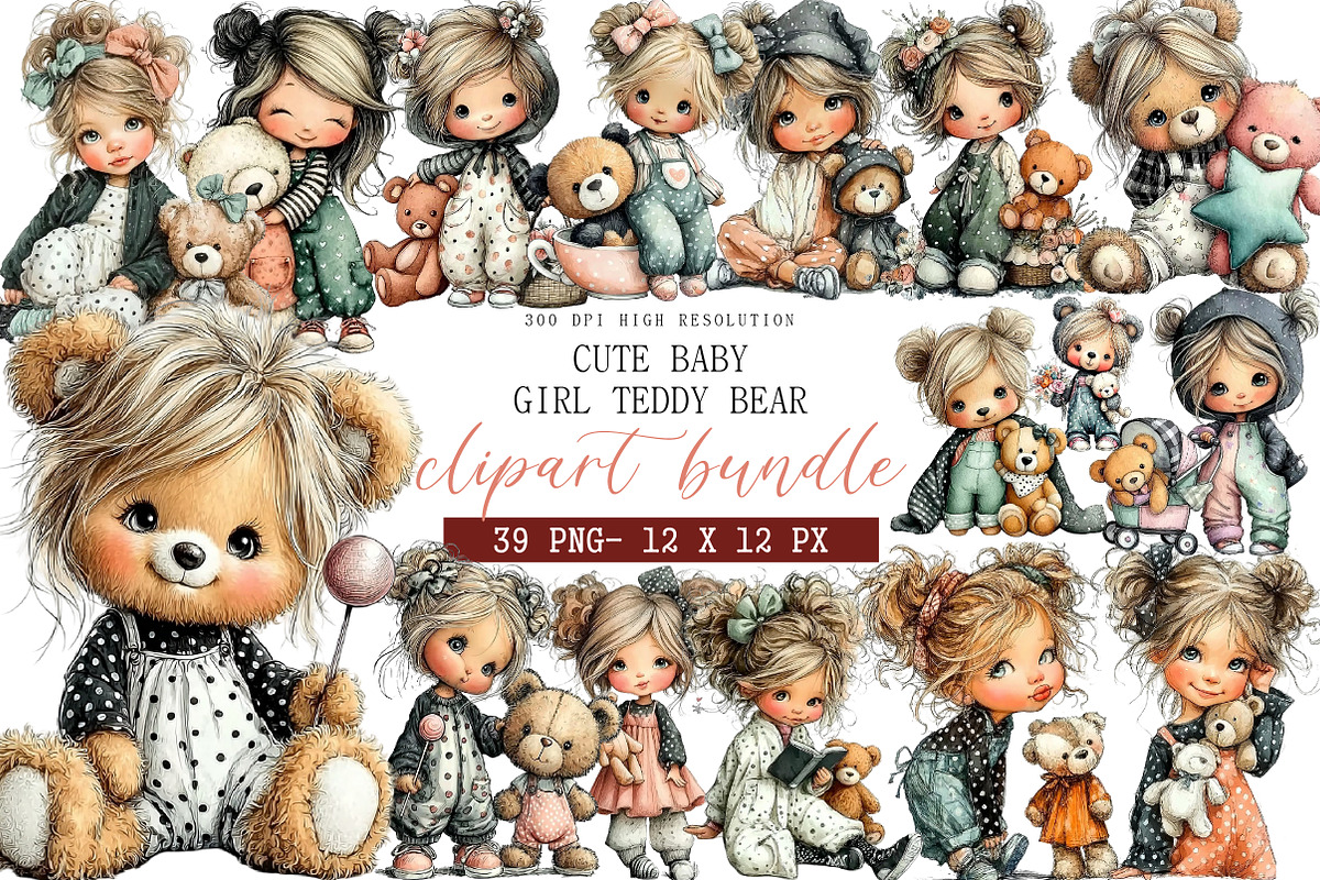 Cute Baby Girl Teddy Bear Clipart, an Illustration by DreamArtGraphic (Photo 1 of 4)