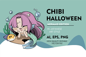 Chibi Halloween Mermaid Edition, an Illustration by vectstudio