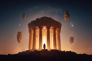 Ancient temple bathed in golden light under a starry sky with floating rocks, a Photo by AlyaAnd
