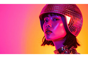 A model wears a disco helmet in neon, an Arts & Entertainment Photo by Igor Tichonow