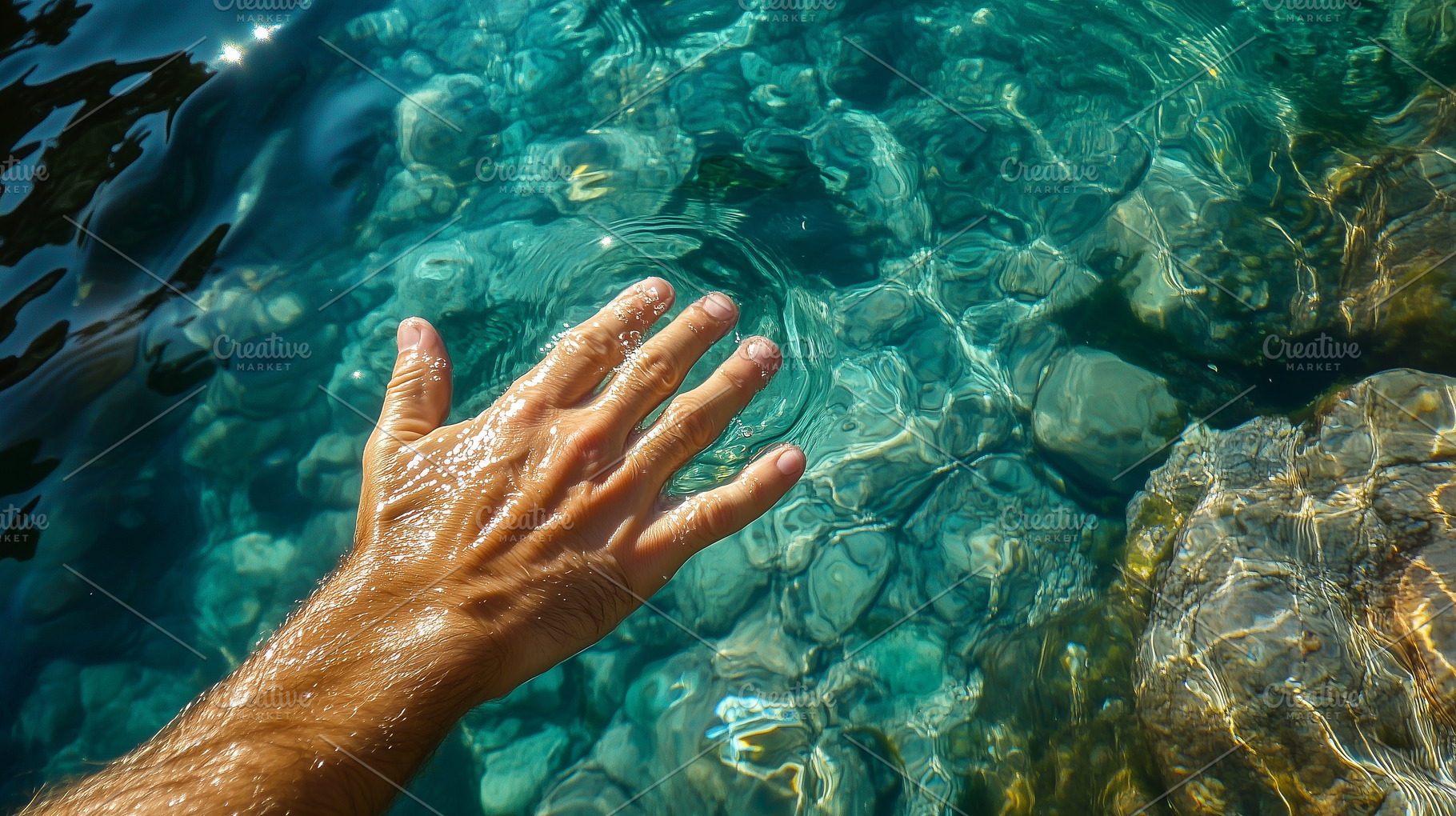 Hand touches clear turquoise water, a Nature Photo by MistyDay