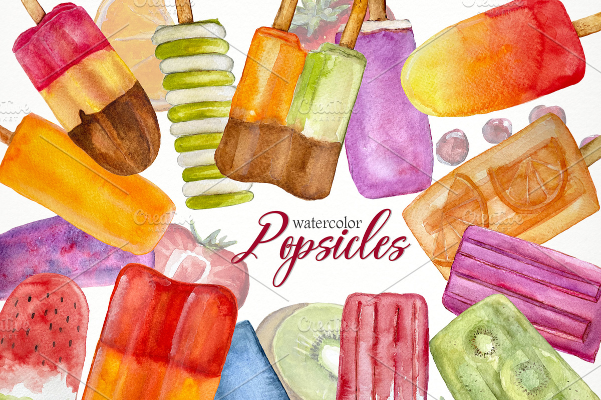Watercolor POPSICLES Clip Art, an Illustration by SandraGraphicDesign (Photo 1 of 6)