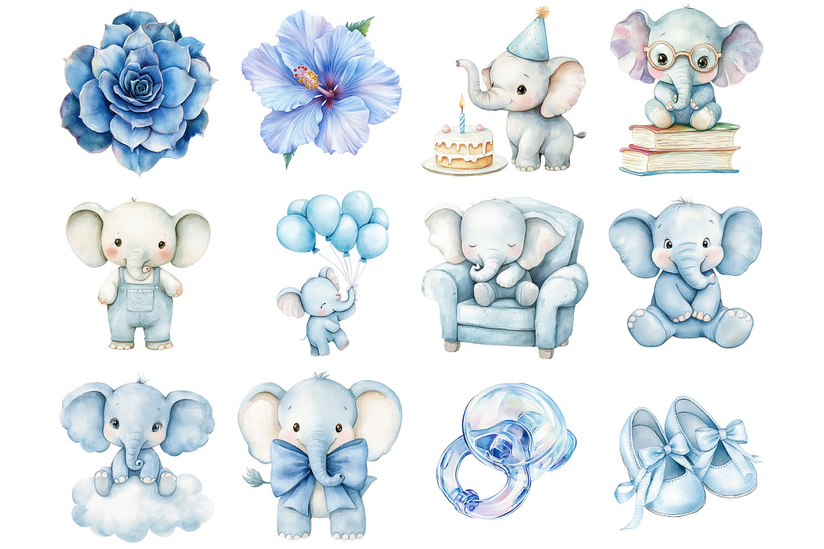Watercolor Cute Baby Elephant, a Seasonal Illustration by CitraGraphics (Photo 2 of 3)