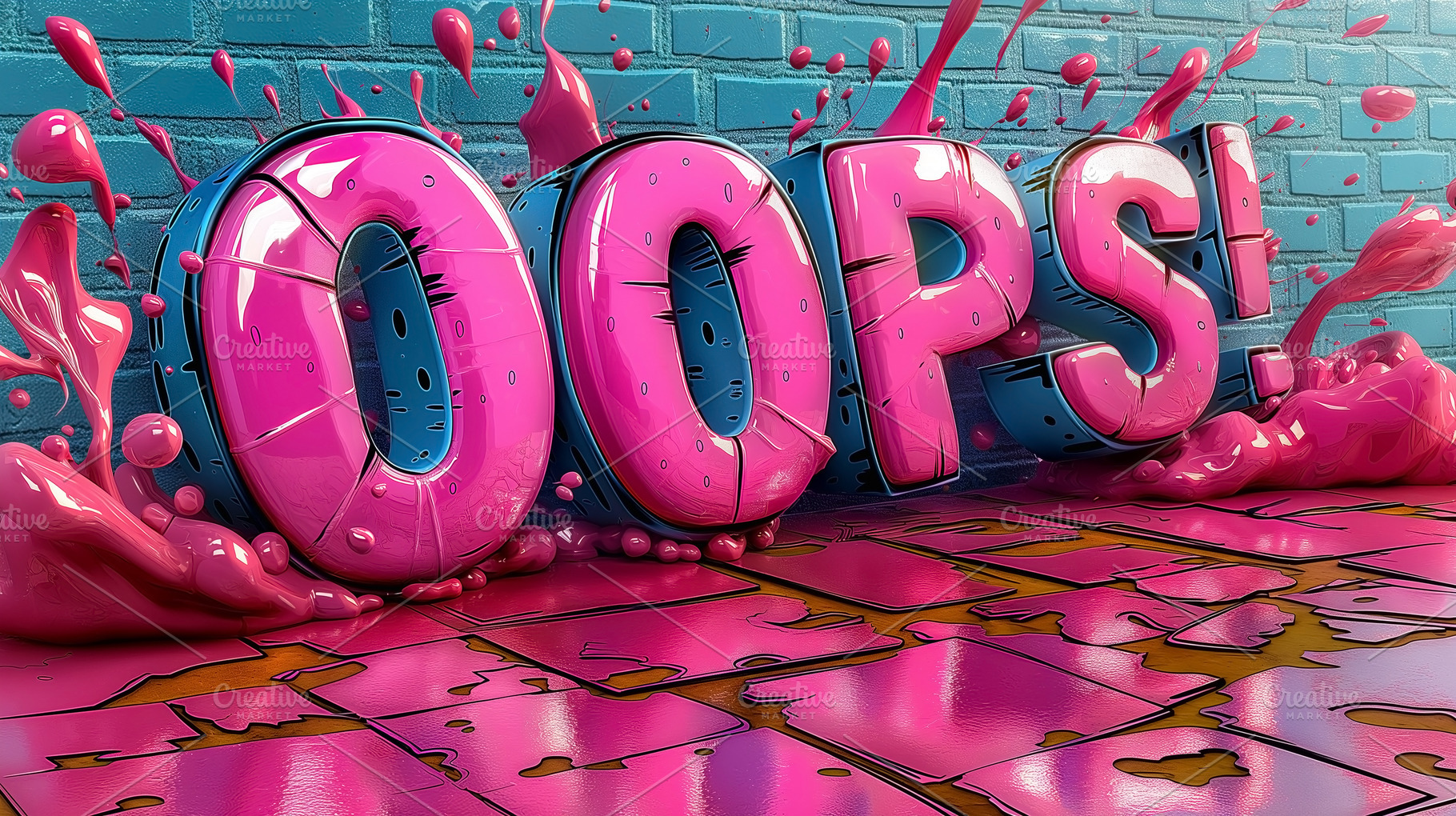 Bright pink 3D text 'OOPS!' splattered with colorful paint on a textured surfac, a Background Photo by ImageMir