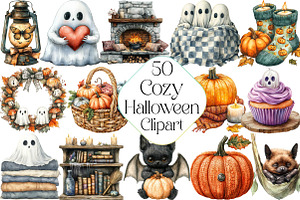 Watercolor Cozy Halloween Clipart, an Illustration by DreamPrint404