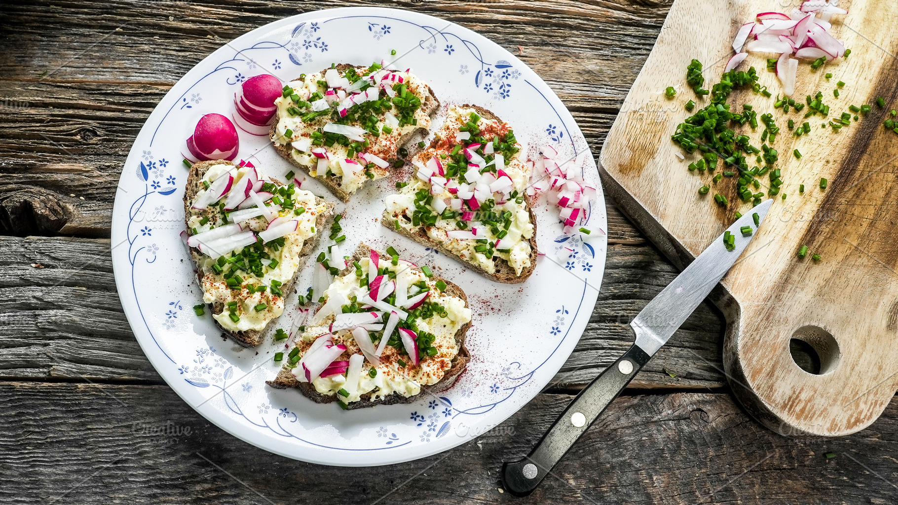 Egg salad open sandwiches with radis, a Food & Drink Photo by 1miromiro