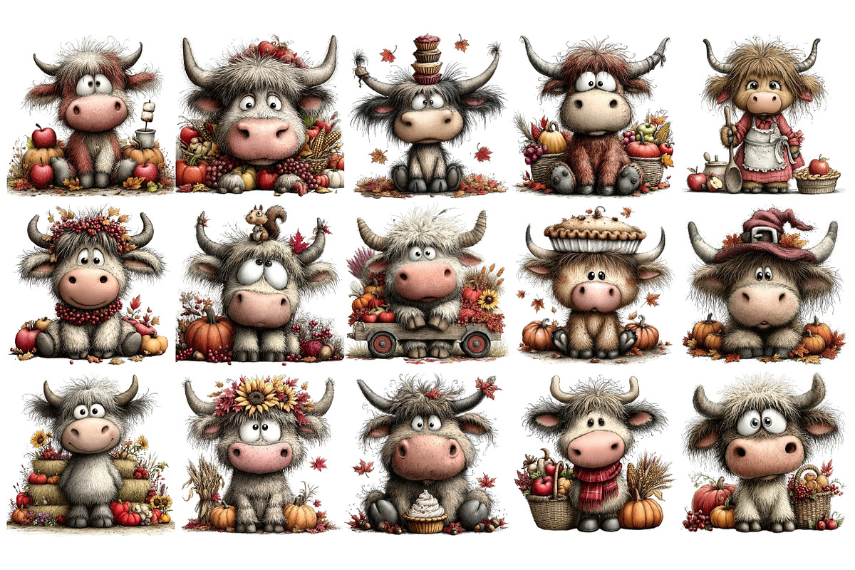 Fall Highland Cow PNG Clipart Bundle, an Animal Illustration by Nicolle's Colorful Art (Photo 2 of 5)