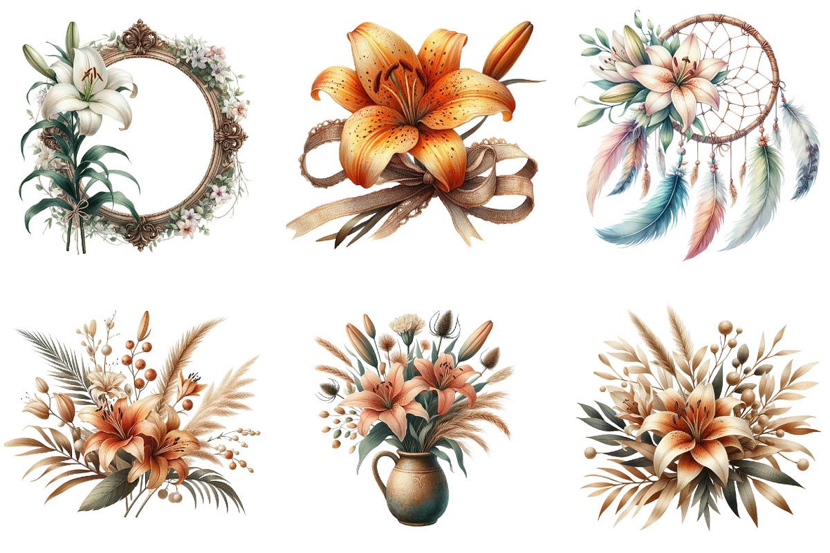 Watercolor Lily Flower Boho Clipart, an Illustration by DreamArtGraphic (Photo 3 of 5)