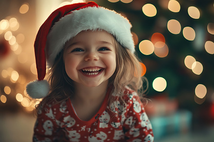 Smiling child girl in checkered pajamas and red santa hat on blurred fir tree l, a Holiday Photo by AlyaAnd