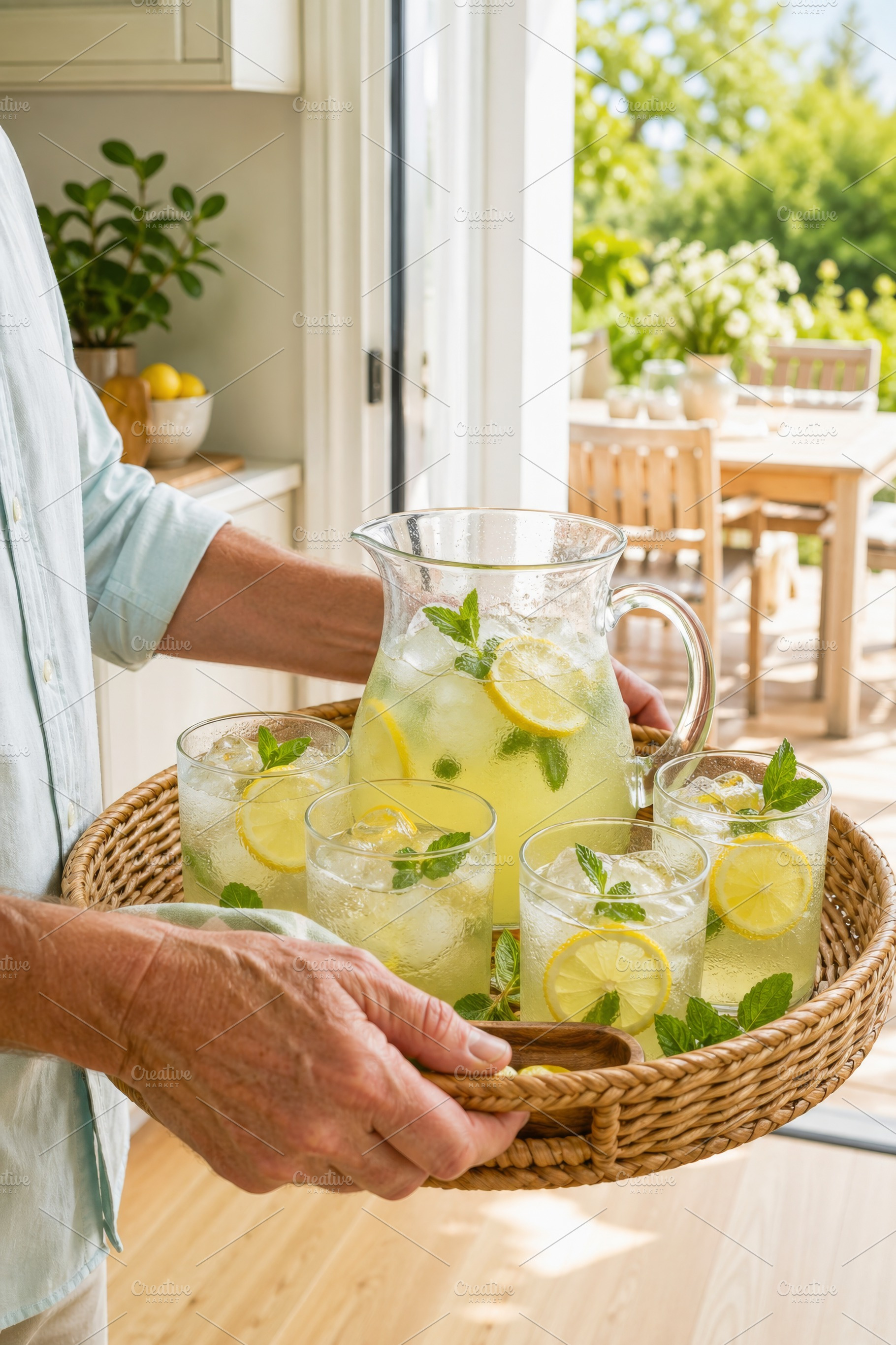 Refreshing lemonade pitcher with lem, a Photo by Dvoevnore photos