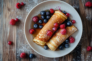 Deliciously rolled pancakes with an assortment of sweet berries and syrup serve, a Food & Drink Photo by AlyaAnd