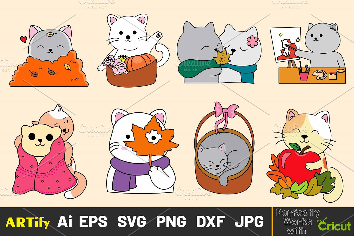 Funny Autumn Cats Kawaii Cat Clipart, an Animal Illustration by ARTify Illustrations (Photo 2 of 5)