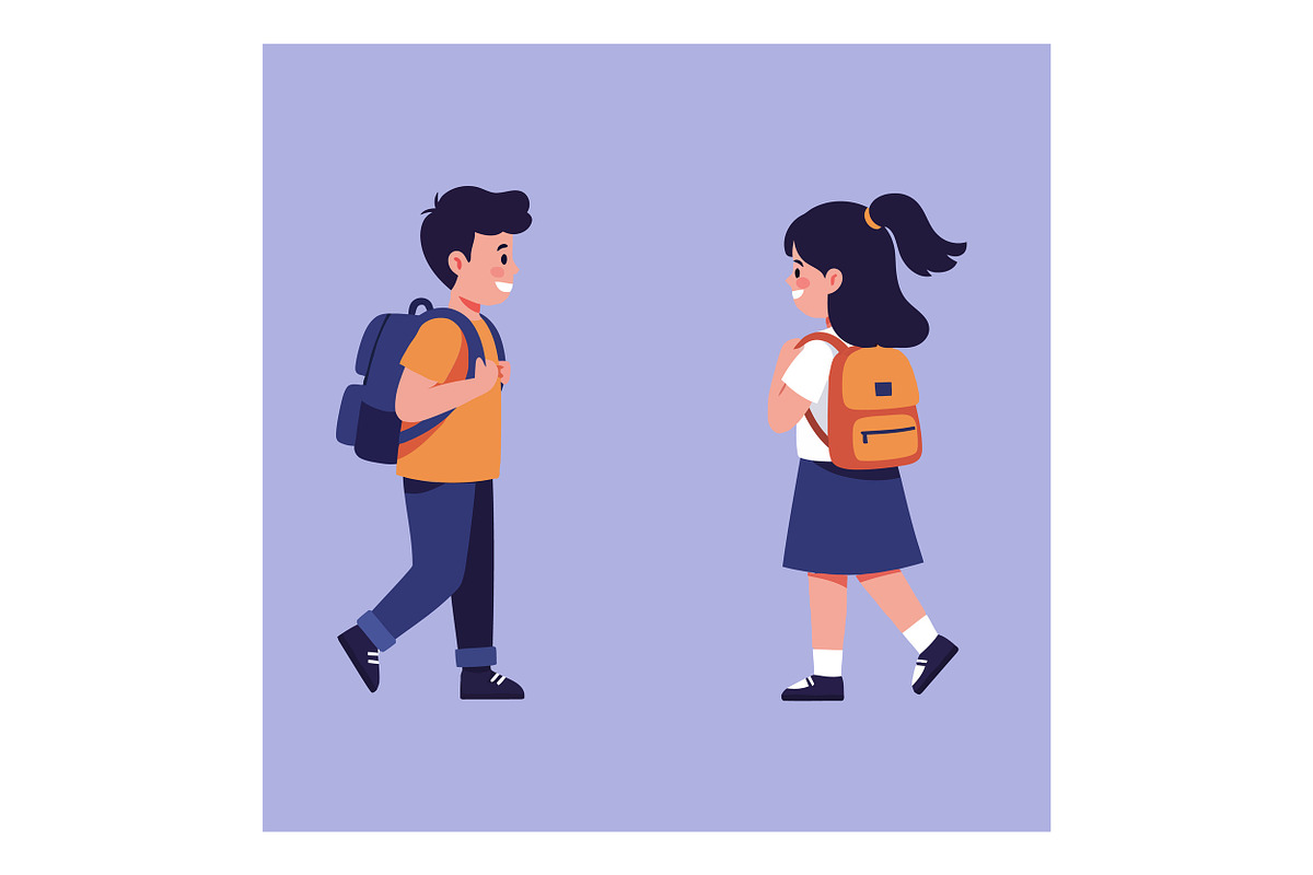 Two cheerful children walking toward, an Illustration by designvectx