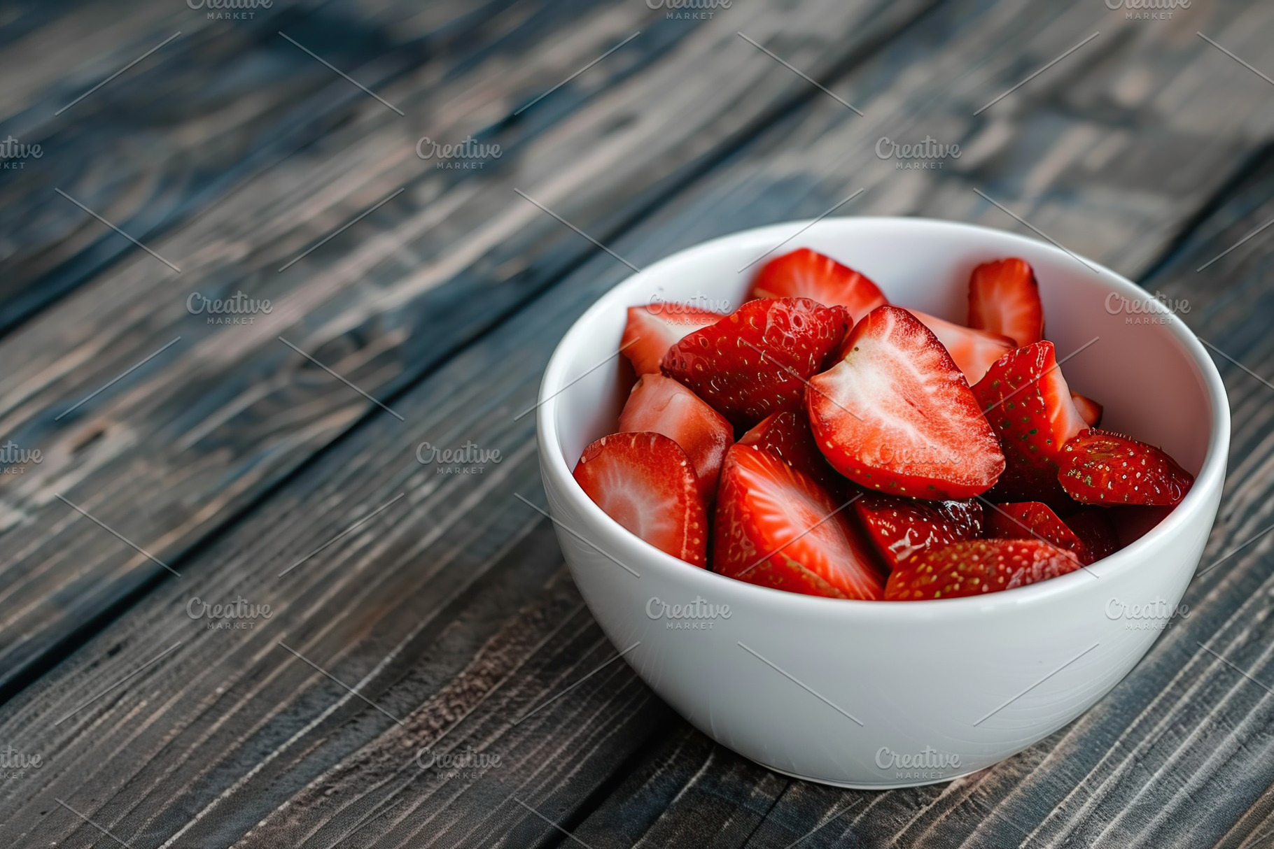 Pieces of strawberries in bowl on wooden table, a Food & Drink Photo by AlyaAnd