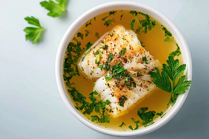Healthy fish soup with fresh herbs served in a white bowl on a light background, a Photo by AlyaAnd