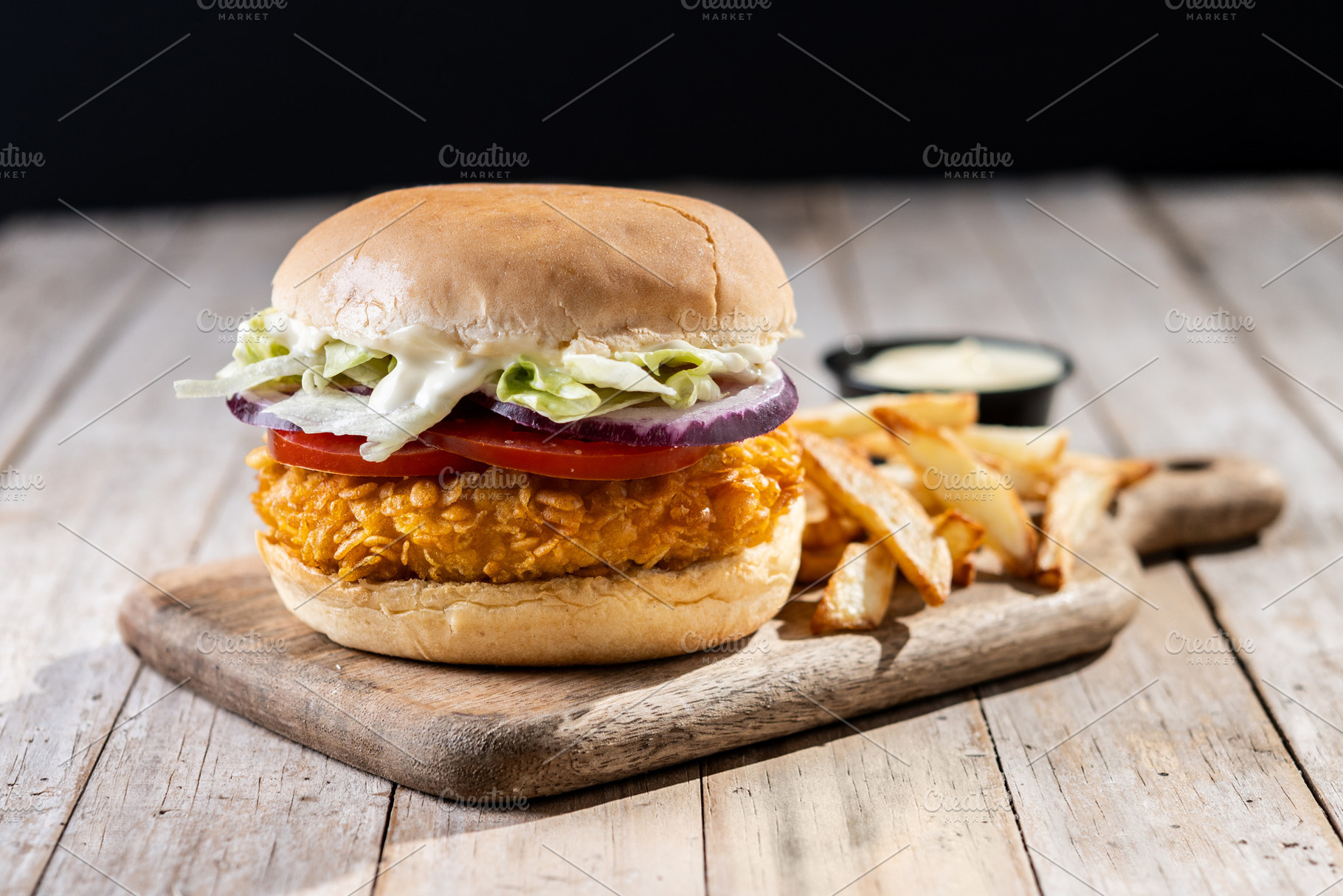 Crispy chicken burger with french fries, a Food & Drink Photo by etorres69