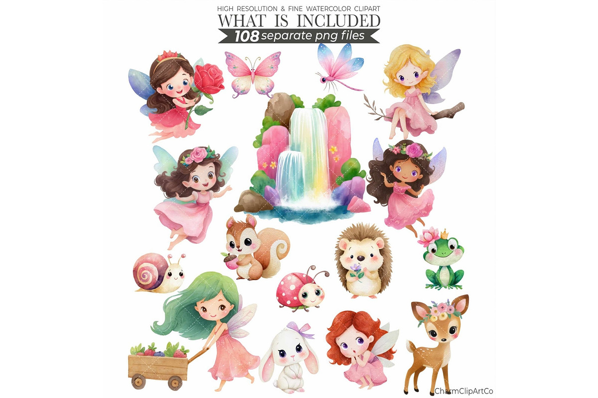 Watercolor Pink Fairy Clipart Bundle, an Illustration by CharmClipart (Photo 5 of 9)