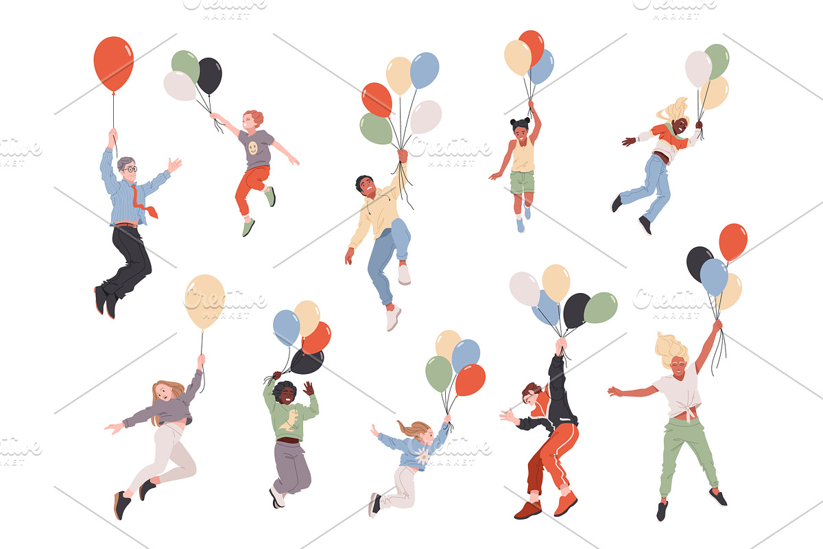 Kids fly on balloons. Adults and, a Person Illustration by YummyBuum