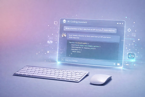 AI coding assistant with keyboard and mouse on holographic inter, a Photo by Dvoevnore photos