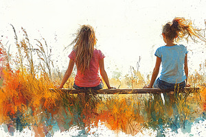 Two girls sitting on a wooden log in a vibrant meadow, an Illustration by AS photostudio