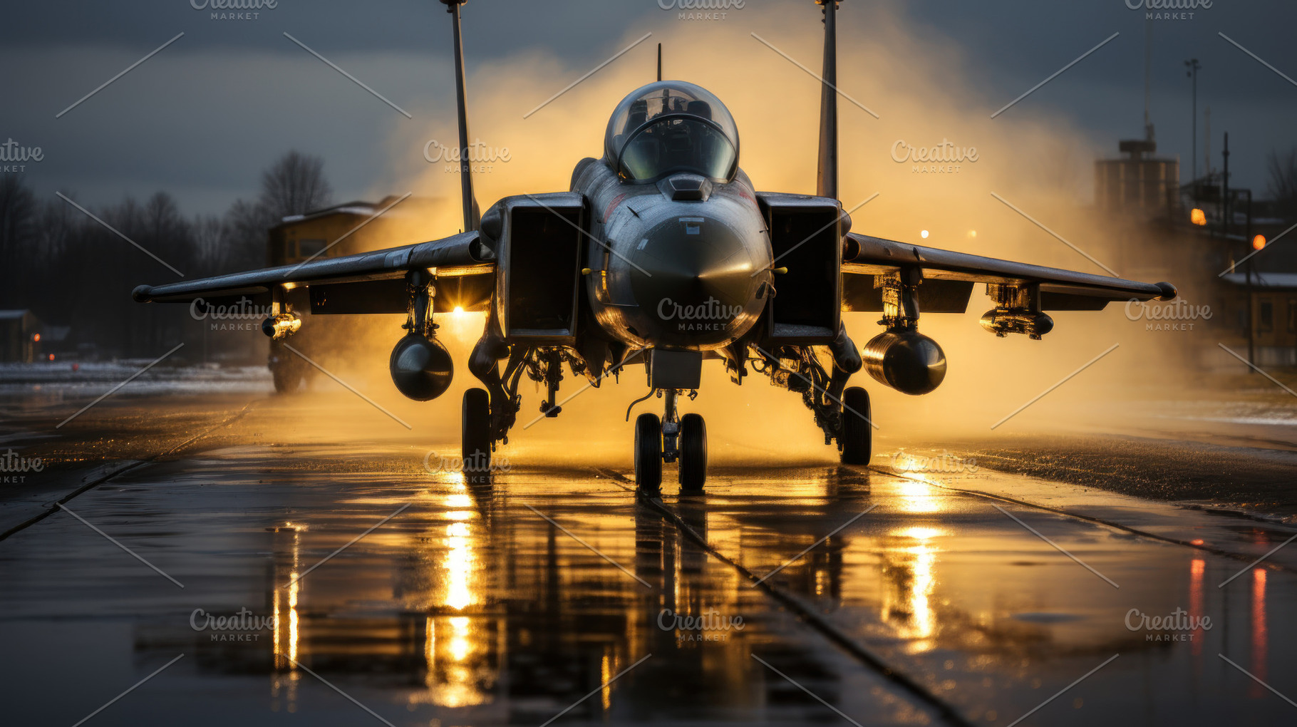 F-16 fighter jet on the runway at night in the rain., a Transportation Photo by AS photostudio