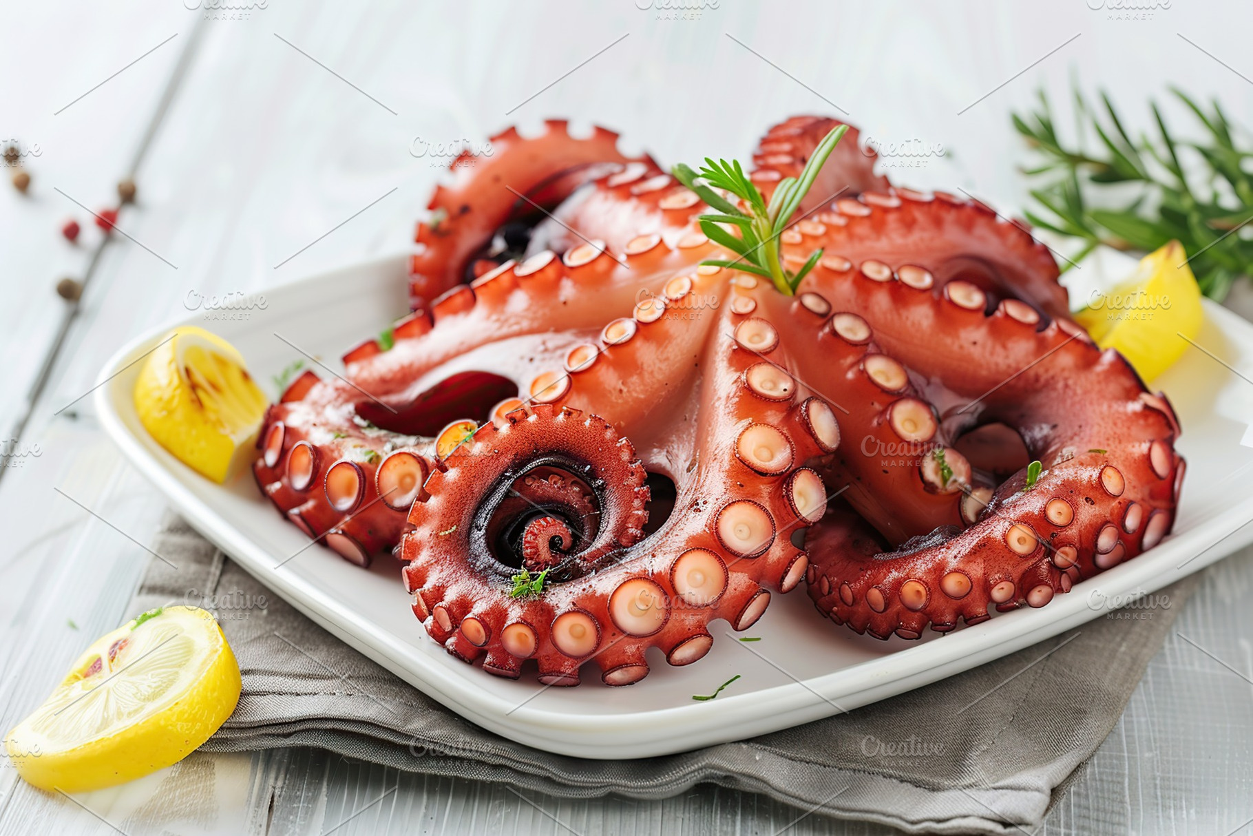 Grilled octopus leg in plate on wooden table, a Food & Drink Photo by AlyaAnd