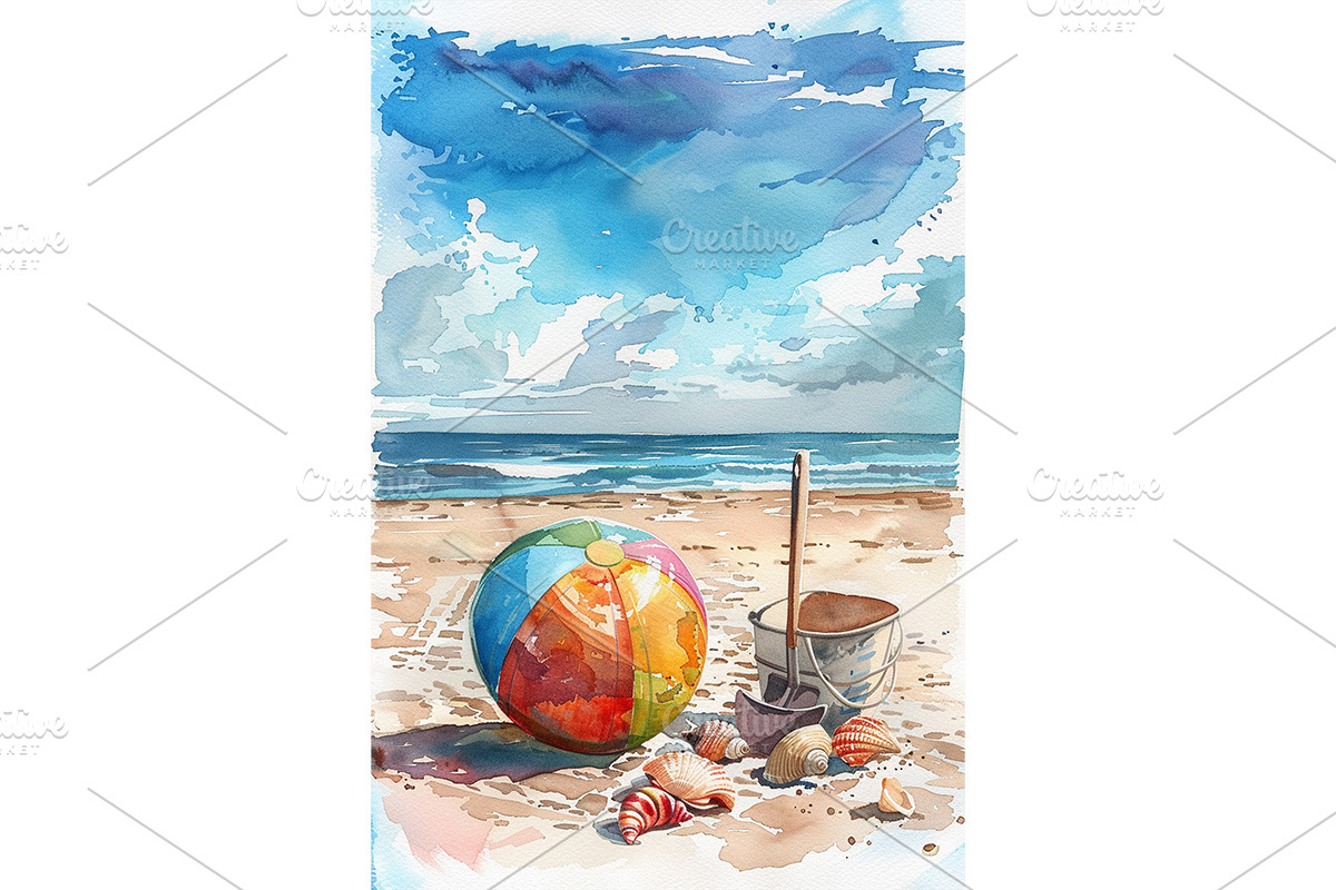 Beach Ball and Shells Watercolor Art, a Decorative Illustration by Art Paradise Studios