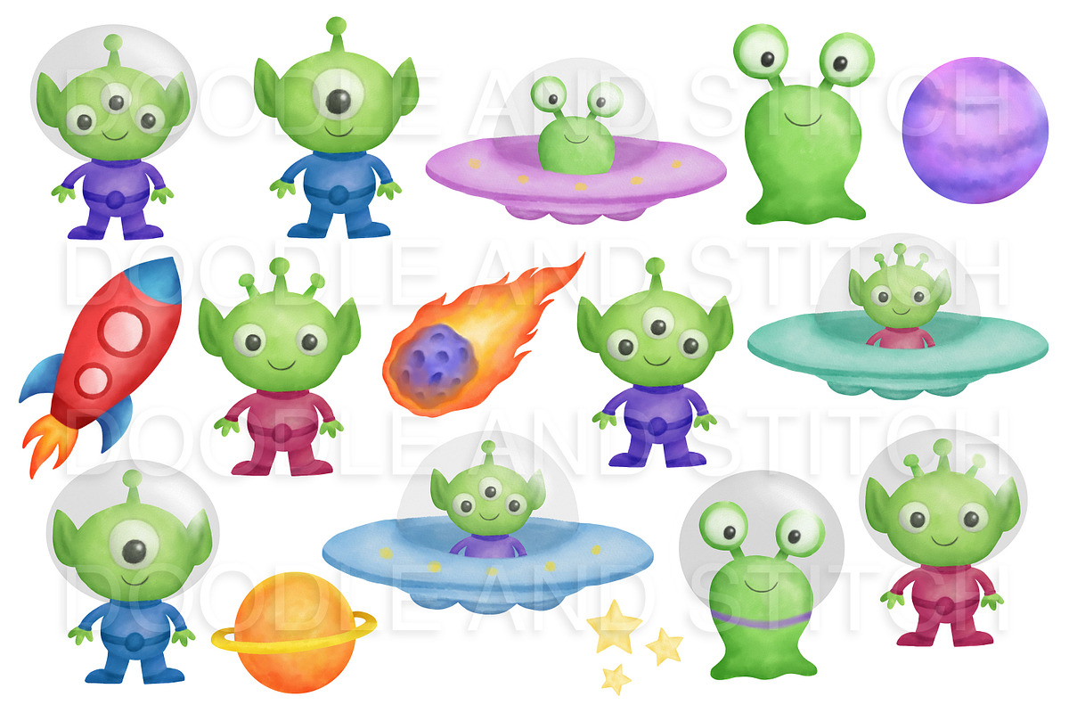 Cute Aliens Clipart Illustrations, an Illustration by Doodle and Stitch (Photo 3 of 3)