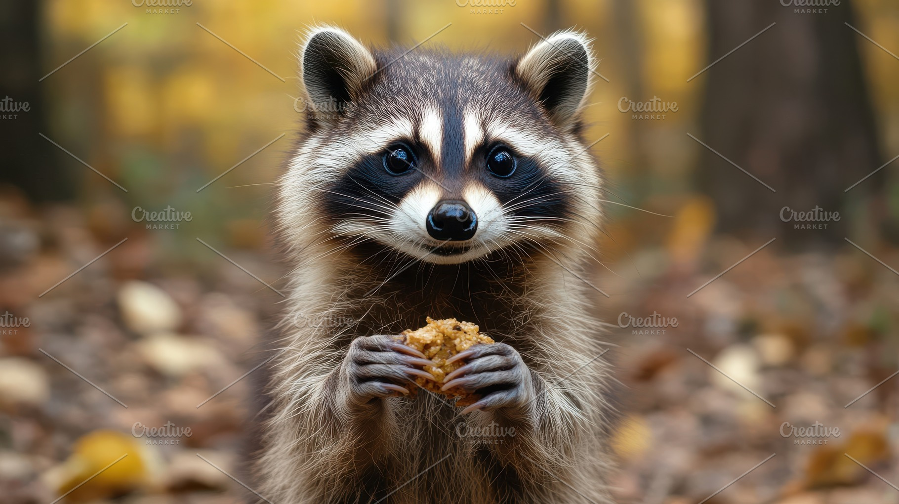 Adorable raccoon with black mask hol, an Animal Photo by Pixeness Studio