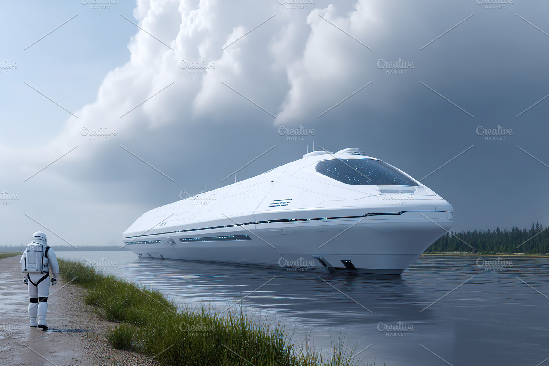 Futuristic spacecraft near a calm water body with an astronaut exploring the su, a Photo by AlyaAnd