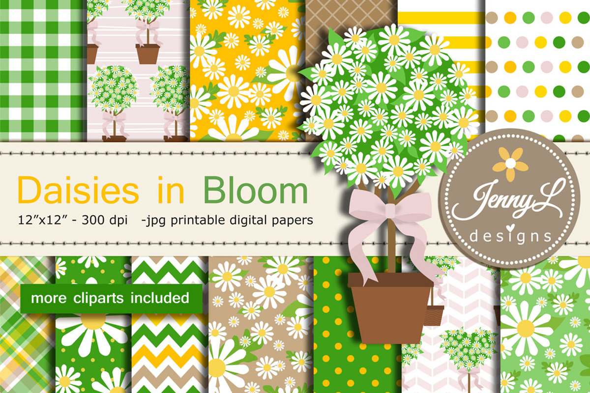 Daisy Flower Digital Paper Clipart, a Pattern Graphic by JennyL Designs (Photo 1 of 8)