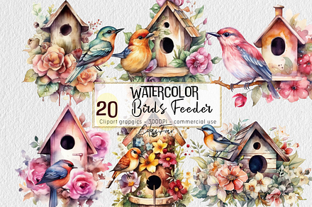Watercolor Spring Bird Feeder Clipar