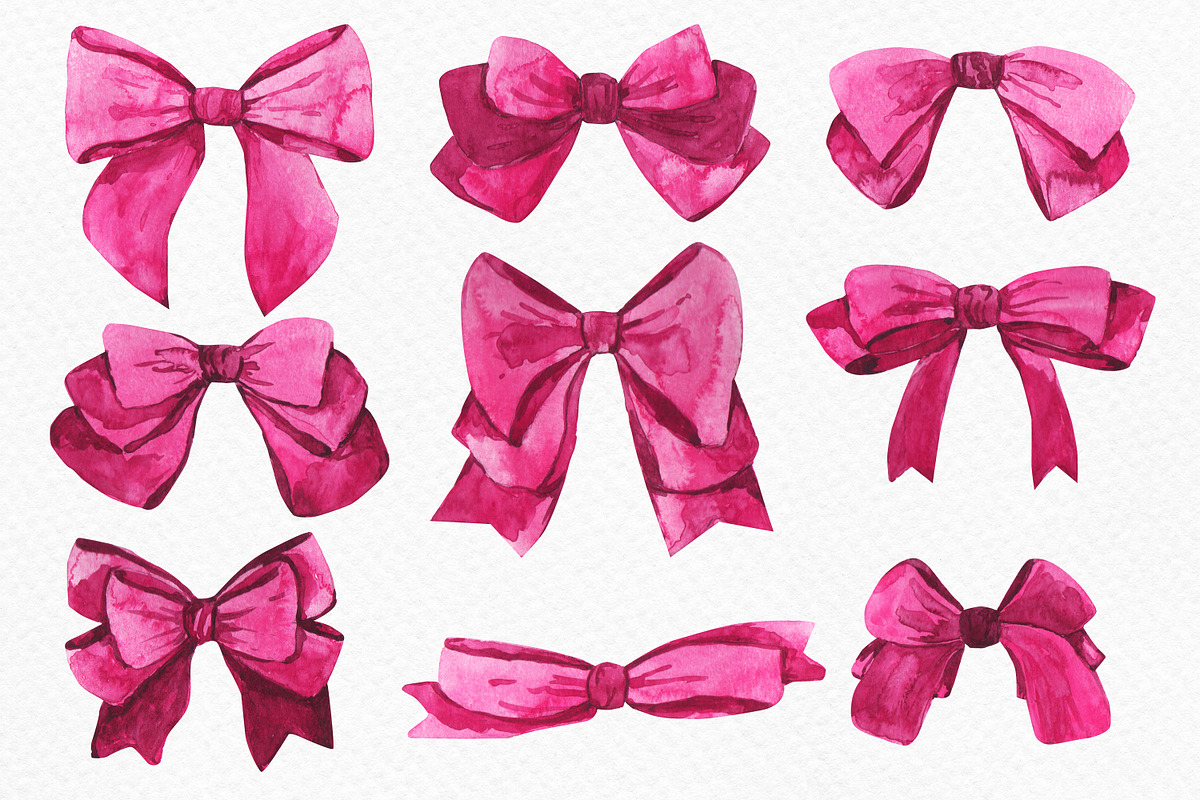 Watercolor clipart pink bows. Clipar, a Decorative Illustration by Julia Bogdan (Photo 2 of 3)