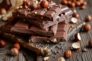 Sweet chocolate pieces with hazelnuts on wooden background, a Food & Drink Photo by AlyaAnd