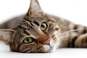 Cat lying down on a white surface, an Animal Photo by MistyDay
