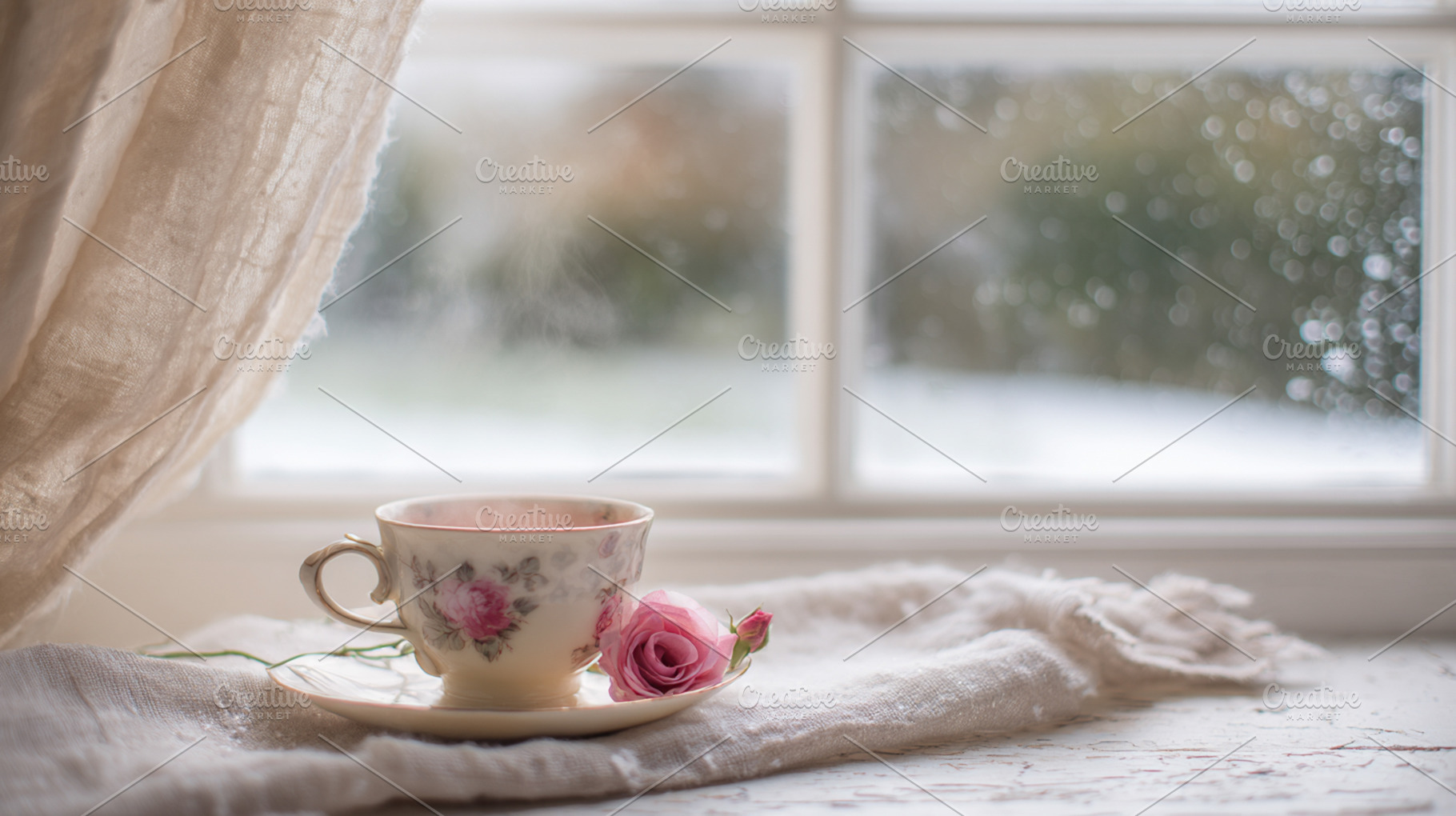 Steaming cup of tea and vintage rose on windowsill on a cold day, a Photo by Studio ANNA